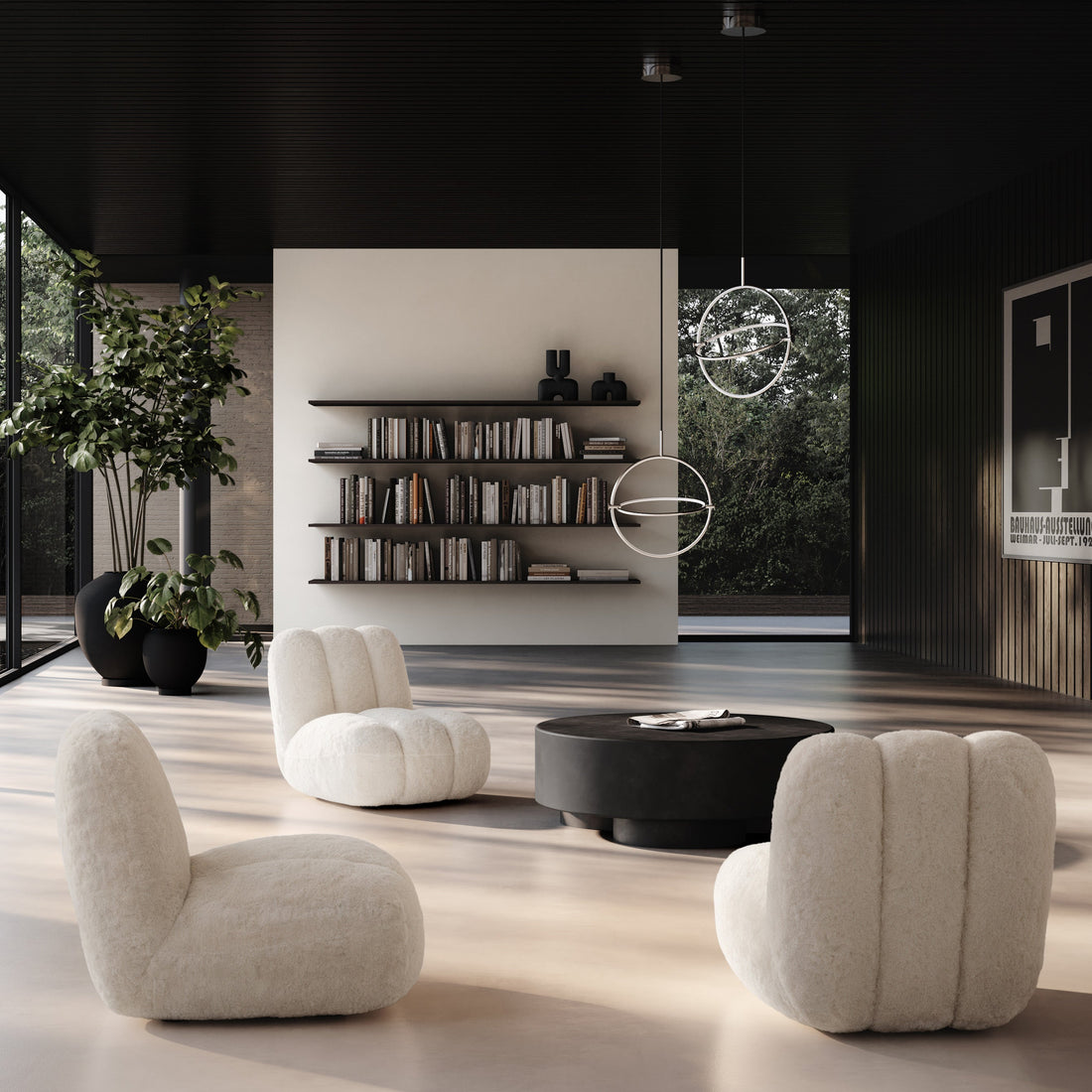 Modern living room with white armchairs, a round coffee table, and bookshelf.
